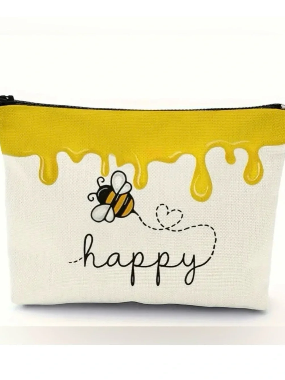 Bee 'Happy' Canvas Zipper Pouch - Yellow & White